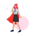 Super Businesswoman Wearing Red Cape Talking on the Phone, Successful Superhero Business Character, Leadership