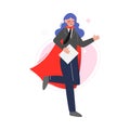 Super Businesswoman Wearing Red Waving Cape with Paper Documents, Successful Superhero Business Character, Leadership