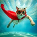A super cat with cape has and swimming pool glasses in its eyes jumping and flying the cape fly also