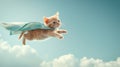 Super cat in hero outfit posing on pastel background, flying playfully with space for text Royalty Free Stock Photo