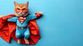 Super cat in superhero outfit on pastel background, gazing away with copy space for text placement Royalty Free Stock Photo