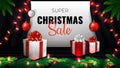 Super Christmas Sale Banner. Red and white gift boxes, red garland, pine branches and balls on black curtain background