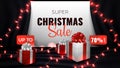 Super Christmas Sale Banner. Red and white gift boxes, red lights garland on black satin stage curtain background Royalty Free Stock Photo