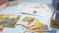 Editorial. Russia Sochi 07/04/2020. super close up. the details. a deck of tarot cards laid out on the table