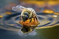 Super close up of honey bee drinking a water - AI