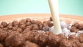 Super close up. milk is poured into breakfast cereals chocolate corn balls Royalty Free Stock Photo