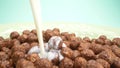 Super close up. milk is poured into breakfast cereals chocolate corn balls Royalty Free Stock Photo