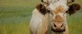 The super close-up shot makes it even cooler.On a sunny summer day, a spotted cow nods its head and grazes on the green Royalty Free Stock Photo