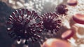 Super closeup Coronavirus COVID-19 in human body background. Science microbiology concept. Purple Corona virus outbreak epidemic. Royalty Free Stock Photo