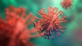 Super closeup Coronavirus COVID-19 in human lung body green background. Science microbiology concept. Red Corona virus outbreak