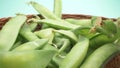 Super closeup. details of green pea pods in a basket on a table