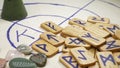 Super closeup. magic background, runes, dried herbs and stones on the table