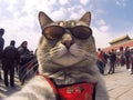 A super cool cat taking a selfie, packed by a crowded throng of human tourists and the Forbidden City.Generative AI