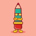 Super cool pencil mascot isolated cartoon in flat style