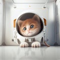 Super cute pet astronaut kitten cat in a white spacesuit explorer