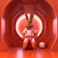 Super cute pet astronaut rabbit in a orange spacesuit in space