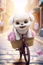 A super cute adorkable fluffy couple cat or dog is smiling happily, very happy, driving a pink bicycle AI generated