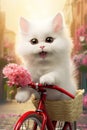 A super cute adorkable fluffy couple cat or dog is smiling happily, very happy, driving a pink bicycle AI generated
