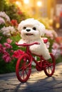 A super cute adorkable fluffy couple cat or dog is smiling happily, very happy, driving a pink bicycle AI generated