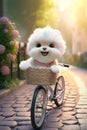 A super cute adorkable fluffy couple cat or dog is smiling happily, very happy, driving a pink bicycle AI generated