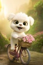 A super cute adorkable fluffy couple cat or dog is smiling happily, very happy, driving a pink bicycle AI generated