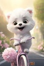 A super cute adorkable fluffy couple cat or dog is smiling happily, very happy, driving a pink bicycle AI generated