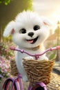 A super cute adorkable fluffy couple cat or dog is smiling happily, very happy, driving a pink bicycle AI generated