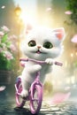 A super cute adorkable fluffy couple cat or dog is smiling happily, very happy, driving a pink bicycle AI generated