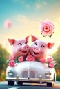 A super cute adorkable fluffy Pink couple Pig is smiling happily, very happy, sitting on the roof of a taxi Royalty Free Stock Photo