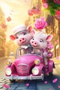 A super cute adorkable fluffy Pink couple Pig is smiling happily, very happy, sitting on the roof of a taxi Royalty Free Stock Photo