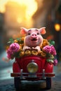 A super cute adorkable fluffy Pink Pig is smiling happily, very happy, sitting on the roof of a taxi Royalty Free Stock Photo