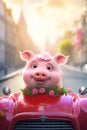 A super cute adorkable fluffy Pink Pig is smiling happily, very happy, sitting on the roof of a taxi Royalty Free Stock Photo