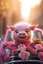 A super cute adorkable fluffy Pink Pig is smiling happily, very happy, sitting on the roof of a taxi Royalty Free Stock Photo
