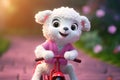 a super cute adorkable fluffy white baby lamb is smiling happily, very happy, riding a bicycle AI generated Royalty Free Stock Photo