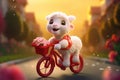 a super cute adorkable fluffy white baby lamb is smiling happily, very happy, riding a bicycle AI generated