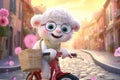 a super cute adorkable fluffy white baby lamb is smiling happily, very happy, riding a bicycle AI generated Royalty Free Stock Photo