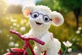 a super cute adorkable fluffy white baby lamb is smiling happily, very happy, riding a bicycle AI generated