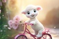 a super cute adorkable fluffy white baby lamb is smiling happily, very happy, riding a bicycle AI generated Royalty Free Stock Photo