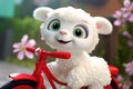 a super cute adorkable fluffy white baby lamb is smiling happily, very happy, riding a bicycle AI generated Royalty Free Stock Photo