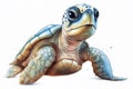 super cute baby sea turtle full body view massive blue eyes and big head watercolor