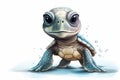 super cute baby sea turtle full body view massive blue eyes and big head watercolor