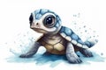 super cute baby sea turtle full body view massive blue eyes and big head watercolor