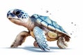 super cute baby sea turtle full body view massive blue eyes and big head watercolor