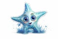 super cute baby starfish with full body view massive blue eyes and big head watercolor