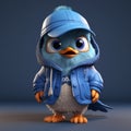 Super Cute Cartoon Baby Bird In Blue Jacket