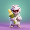 Super Cute Coypu Tale Hippopotamus Singing And Smiling With Corn In Hand On Colored Background