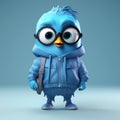 Super Cute 3d Cartoon Blue Bird With Glasses And Backpack