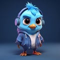 Super Cute 3d Cartoon Blue Bird With Headphones - Urban Style