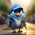 Super Cute 3d Cartoon Blue Bird In Urban Street Fashion