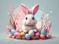 Super cute easter bunny sitting on eggs, easter card, paper style